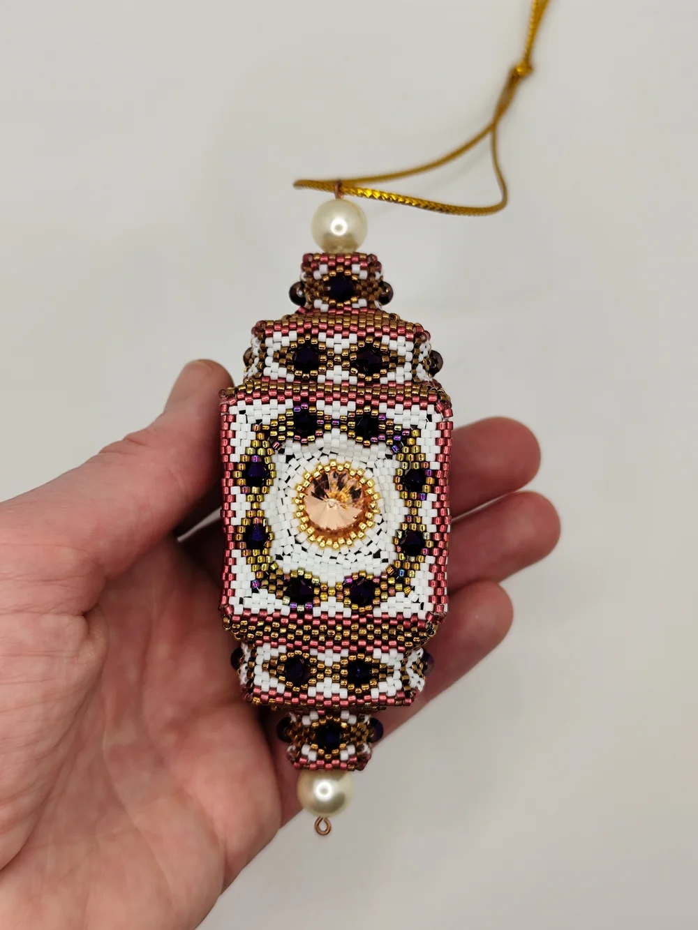 Beaded  Ornament in White, Rose Gold & Black